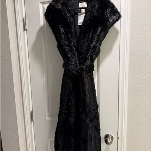HM small black faux fur full length vest coat sash pockets sold out everywhere